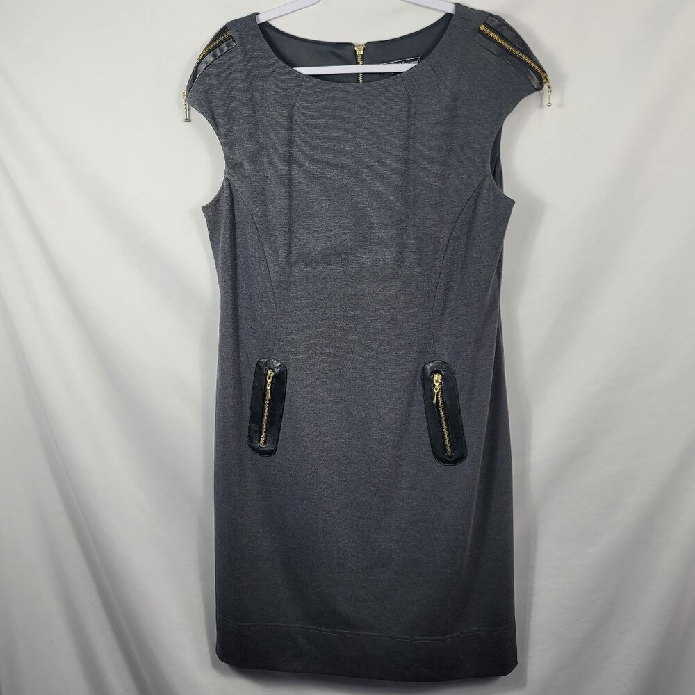 Jessica Howard Gray Dress Women's Size 14 Gold Zipper & Faux Leather Accents